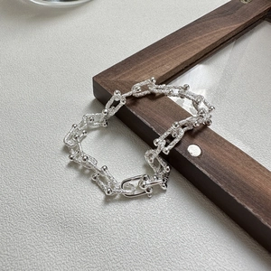 Industrial style S925 sterling silver U-shaped link chain bracelet with bead accents