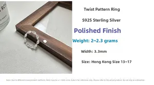 Detail of 3.3mm S925 sterling silver twisted wave ring with polished texture and size specs