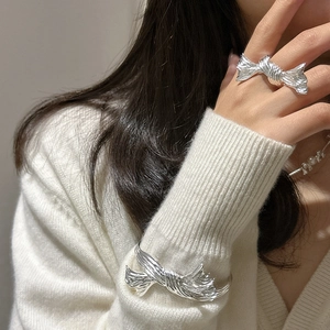 S925 silver butterfly ring and open bangle set with a refined wrinkled texture finish