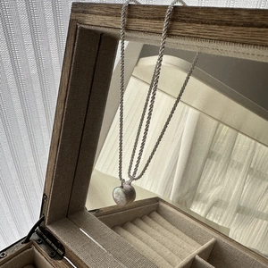 S925 sterling silver rope chain necklace with a baroque heart pearl pendant in a jewelry box