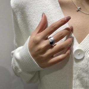 Minimalist S925 sterling silver double layer ring with oval black onyx gemstone
