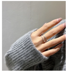 Detail of S925 sterling silver double-layer ring with smooth and beaded bands on finger