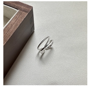 Detailed view of S925 sterling silver double-layer twisted rope and smooth band open ring