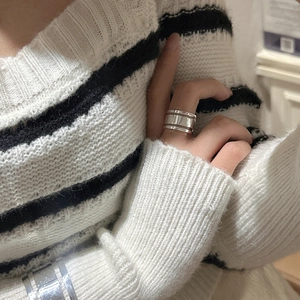 Minimalist S925 sterling silver triple layer wide band ring with polished finish