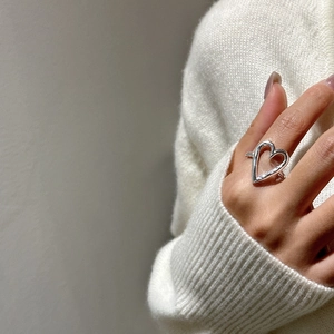 Minimalist S925 sterling silver hollow heart ring with adjustable open band for women