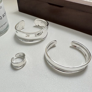 Polished S925 sterling silver minimalist cuff bracelets and matching open ring set