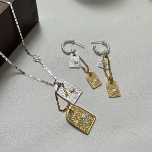 Vintage S925 silver necklace and earrings set with two-tone floral engraving patterns