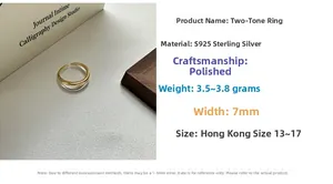 Detailed view of S925 sterling silver dual-tone wave ring with specifications and size chart