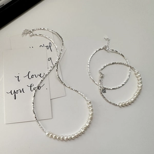 S925 Sterling Silver Artificial Pearl Crushed Silver Necklace Bracelet For Women Minimalist Korean Style Clavicle Chain Jewelry