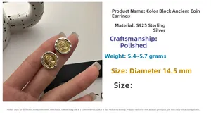 Close-up of S925 sterling silver coin stud earrings featuring a gold and silver bicolor finish