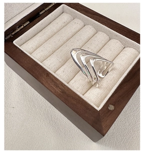 Macro view of multi-layer V-shaped S925 sterling silver geometric ring with mirror finish