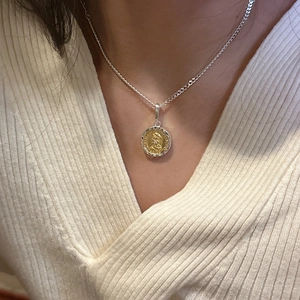 S925 sterling silver coin necklace featuring a two-tone portrait pendant on a fine chain