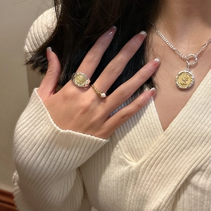 Vintage S925 silver coin pendant necklace and ring set with pearl and portrait embossing