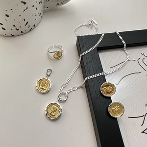 S925 sterling silver Elizabeth II coin jewelry set with necklace, ring and earrings