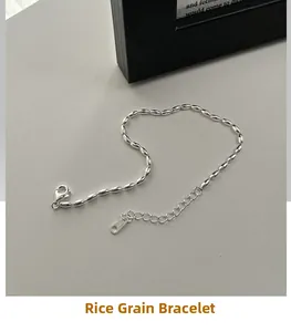 Close-up of S925 sterling silver rice bead bracelet with lobster clasp and extension chain