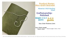 Detail view of 2mm S925 sterling silver rice grain bracelet with 16+4cm chain length