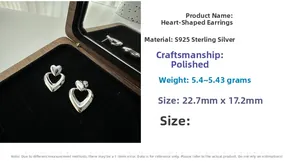 Detailed size specifications of S925 sterling silver double heart earrings in a jewelry box