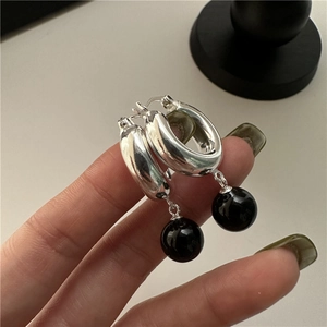 Boucles d'Oreilles Anneaux en Argent Sterling 925 avec Agate Noire Vintage Français Lisse Rond Bijoux Minimalistes pour Femmes