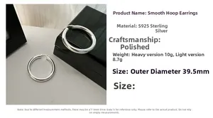 Detailed view of S925 sterling silver hoop earrings with polished finish and dimensions
