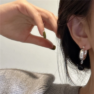Boucles d'oreilles créoles en argent 925 avec onyx noir de style rétro français