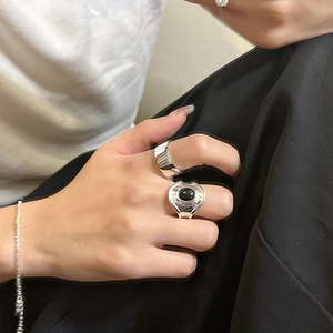 Minimalist S925 sterling silver oval black agate wide ring and matching silver bracelet set