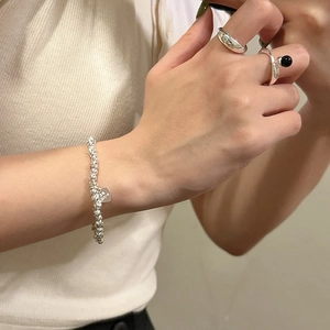 S925 sterling silver beaded bracelet with heart charm and geometric silver rings