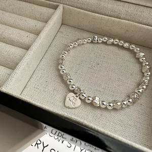 S925 sterling silver beaded bracelet with heart pendant engraved Be Mine in jewelry box