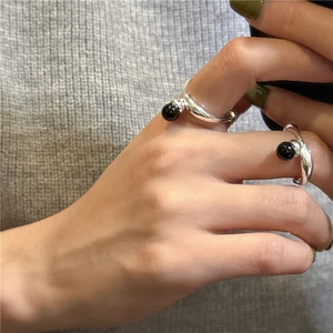 925 Sterling Silver Black Onyx Open Ring Set with French vintage minimalist design
