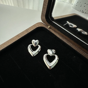 925 Sterling Silver Double Layer Heart Stud Earrings For Women Vintage Polished Silver Heart Drop Earrings Fashion Jewelry