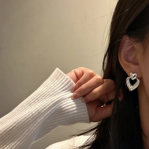 S925 sterling silver double-layered heart earrings for women with minimalist metal texture
