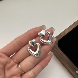 S925 Sterling silver double heart dangle earrings with hollow heart drop for women