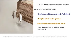 Detailed specs of the S925 sterling silver open bangle with 18.7mm width and polished finish