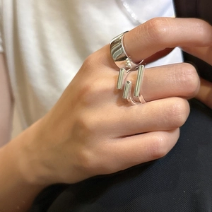 S925 sterling silver multi-layer rings set with minimalist wide band and geometric bars
