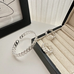 Minimalist S925 sterling silver woven Cuban link bracelet and ring set for women