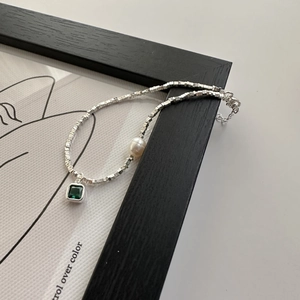 Bracelet À Maillons Carrés Argent Fin 925 Künstliche Perle Blanche Pierre Précieuse Couleur Émeraude Pour Femmes Mode