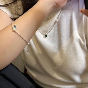 Parure collier et bracelet en argent S925 avec zircon vert et perles blanches