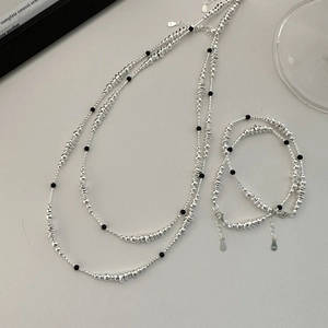 Minimalist S925 sterling silver beaded necklace and bracelet set with black agate stones