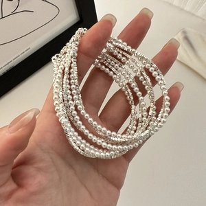 925 Sterling Silver Artificial Pearl Beaded Multi-Layer Wrap Bracelet With Faceted Metal Beads Elegant Jewelry For Women