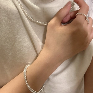Elegant S925 sterling silver set featuring double-layer pearl necklace, bracelet and ring