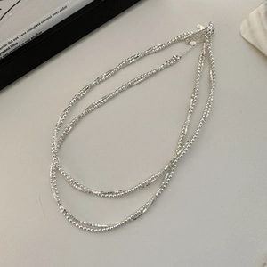 S925 sterling silver double-layer necklace with white pearls and metallic silver beads