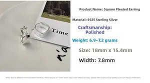 Detail view of S925 sterling silver square hoop earrings with a pleated texture finish
