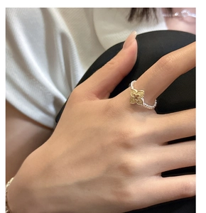 Macro shot of silver rope twist ring featuring a gold four-leaf clover motif on finger