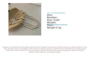 Detail view of S925 sterling silver pearl toggle necklace with product weight 5.5g
