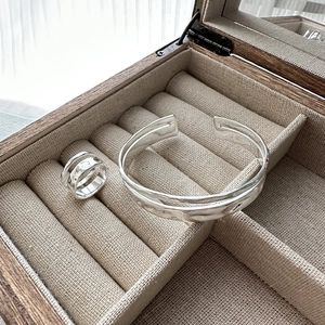 Minimalist S925 sterling silver layered ring and cuff bracelet with hammered texture finish