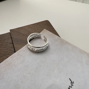 925 Sterling Silver Double Layer Open Ring For Women Vintage Niche Design Hammered Texture Polished Adjustable Finger Ring