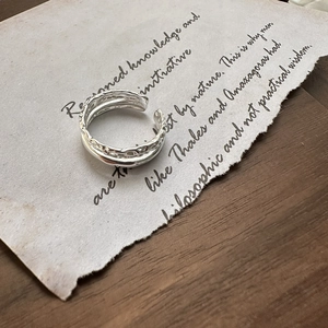 S925 sterling silver double layer ring with irregular lava texture and open adjustable band