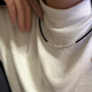 Minimalist S925 sterling silver necklace with black agate beads and hammered metal tube