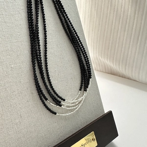 Minimalist S925 sterling silver multilayer necklace with black onyx beads and silver accents