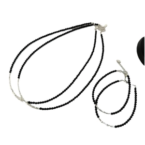 Elegant S925 sterling silver necklace and bracelet set with black onyx beads and silver tubes