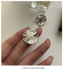 Detailed close-up of S925 sterling silver lotus leaf earrings with radiant pleated texture